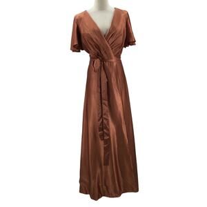 FORMAL 12 L orange copper satin wrap belted flutter sleeve maxi dress NEW B76